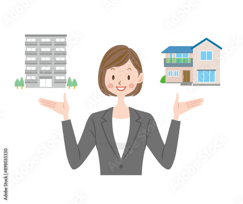 一戸建てかマンションか選択する女性　提案する不動産の営業　賃貸か購入か