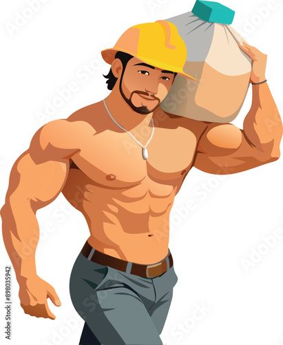 Strong construction worker carrying heavy stone on building site