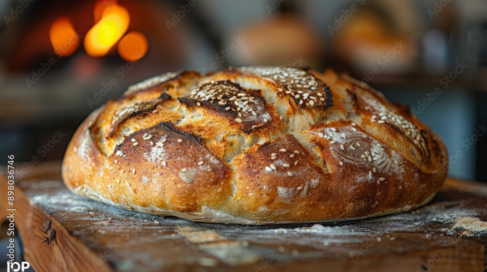 A round loaf of artisan bread, light brown and golden, sits on a wooden surface. A warm, blurry oven is in the background. A round loaf of artisan bread, light brown and golden, sits on a wooden surface. A warm, blurry oven is in the background.
