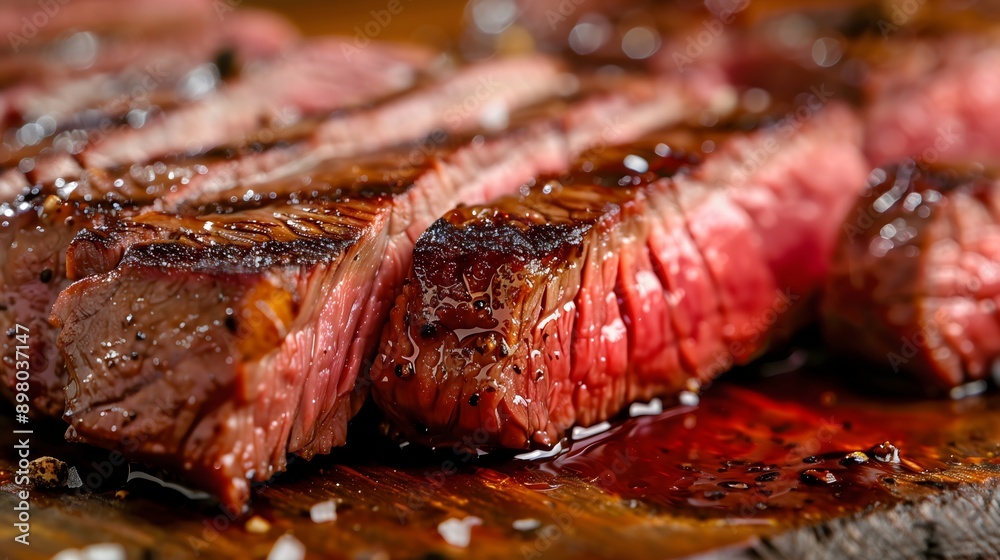 A close-up of steak red meat, uncooked raw grilled beef, on a wooden cutting board in the kitchen. Barbecue preparation, protein meal, restaurant dinner, healthy delicious food, culinary cooking A close-up of steak red meat, uncooked raw grilled beef, on a wooden cutting board in the kitchen. Barbecue preparation, protein meal, restaurant dinner, healthy delicious food, culinary cooking