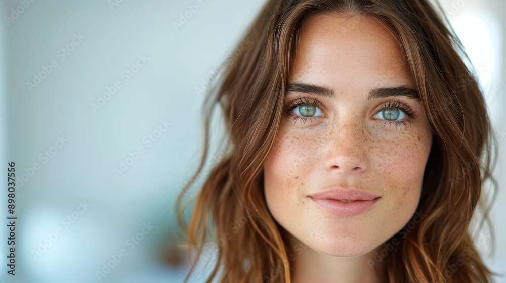 A woman with brown hair and blue eyes is smiling. She has a light makeup look on. Concept of happiness and positivity A woman with brown hair and blue eyes is smiling. She has a light makeup look on. Concept of happiness and positivity