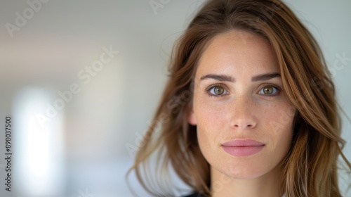 A woman with brown hair and green eyes is smiling for the camera. She has a light skin tone and a warm, friendly expression