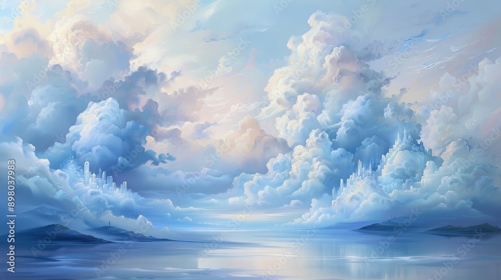Naklejka premium A painting of a cloudy sky with a large body of water in the foreground. The sky is filled with clouds, and the water is calm and reflective. The mood of the painting is serene and peaceful