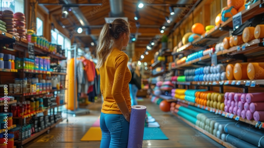 A woman is shopping in a store with a yoga mat in her hand. The store is filled with various items, including sports balls and yoga mats A woman is shopping in a store with a yoga mat in her hand. The store is filled with various items, including sports balls and yoga mats