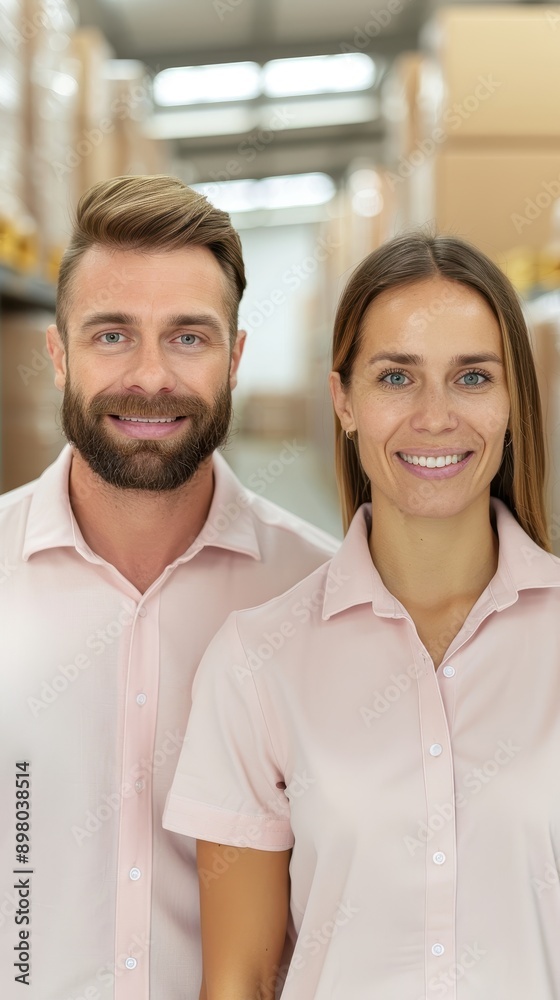 A man and a woman are smiling for the camera. They are wearing matching pink shirts. Scene is happy and friendly