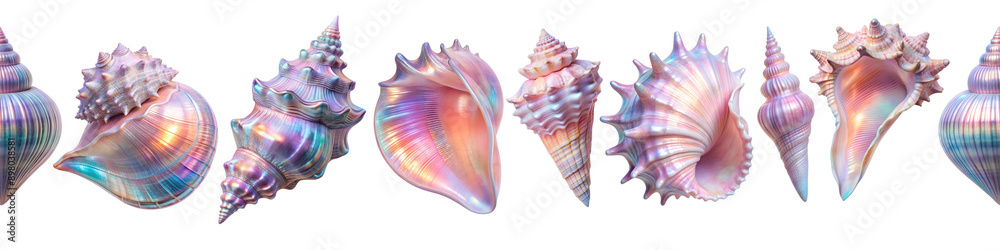 Seamless border of holographic shells with bright iridescent shine and fancy shape. Shells are located on a light background. Holographic texture of iridescent shell in pastel shades of blue and pink. Seamless border of holographic shells with bright iridescent shine and fancy shape. Shells are located on a light background. Holographic texture of iridescent shell in pastel shades of blue and pink.
