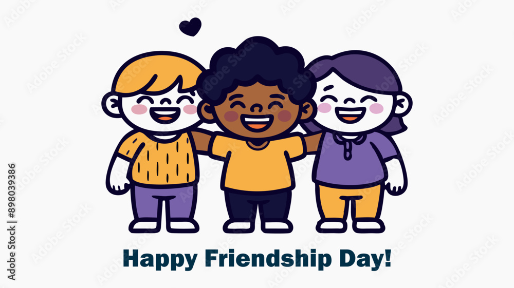 Happy children celebrating Friendship Day. Text: 'Happy Friendship Day!'. Bright colors: purple, yellow, orange Happy children celebrating Friendship Day. Text: 'Happy Friendship Day!'. Bright colors: purple, yellow, orange