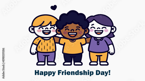 Happy children celebrating Friendship Day. Text: 'Happy Friendship Day!'. Bright colors: purple, yellow, orange