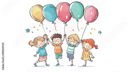 Happy children holding colorful balloons. Cute cartoon kids vector illustration.