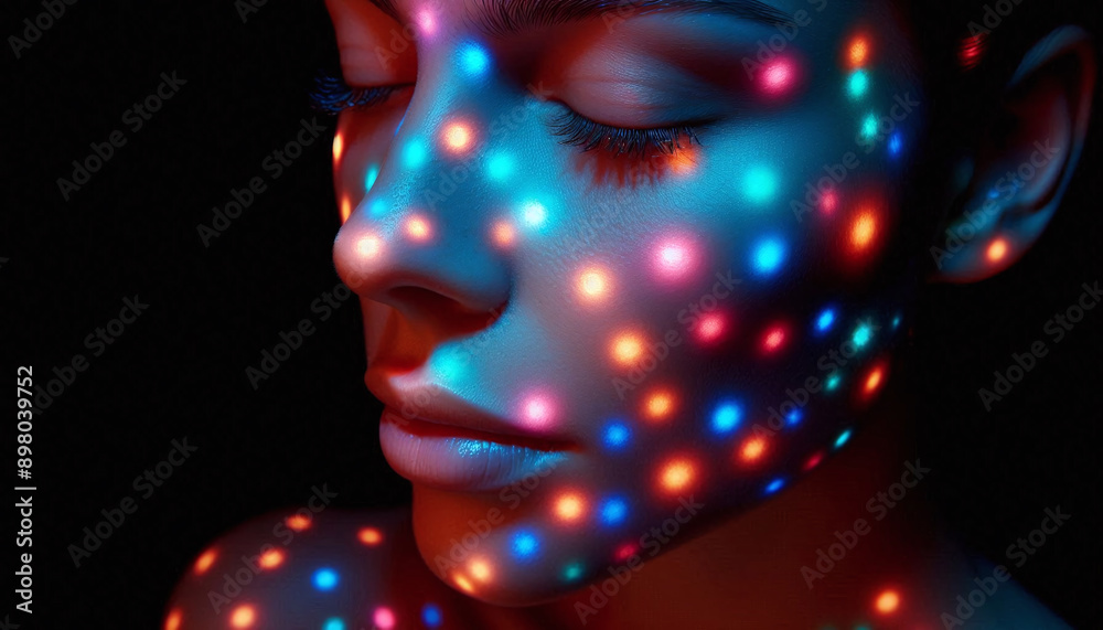 Close-up of a face illuminated by colorful light patterns Close-up of a face illuminated by colorful light patterns