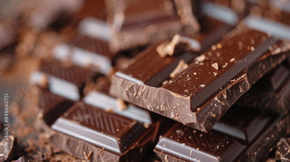 Many pieces of dark chocolate are stacked and scattered Many pieces of dark chocolate are stacked and scattered