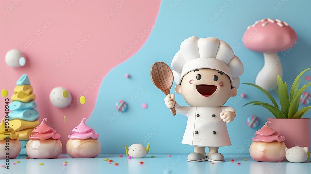 A 3D clipart of a chef holding a wooden spoon A 3D clipart of a chef holding a wooden spoon
