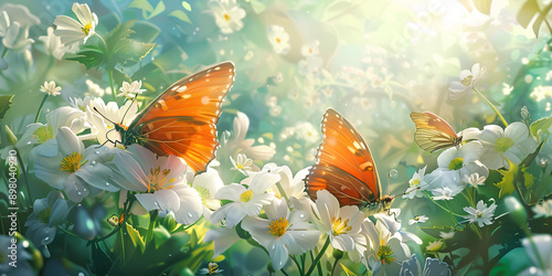 garden scene with two orange and white butterflies resting on a bed of white flowers and green foliage, set against a backdrop of a blue sky with sunlight filtering through the leaves.