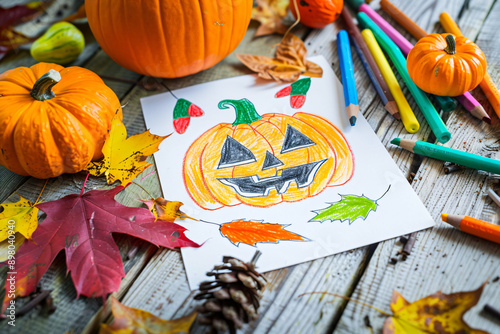 Children's Halloween-themed coloured pencil drawing lies on a table with jack-o-lantern pumpkins and yellow maple leaves. Children's artwork on the theme of Halloween. photo