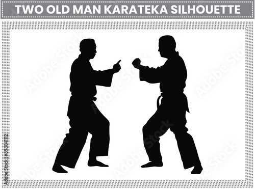 Two Old Man Karateka Silhouette Bundle, Martial Exercise Karateka, Karate Fighter silhouette in Different Poses Vector Illustration