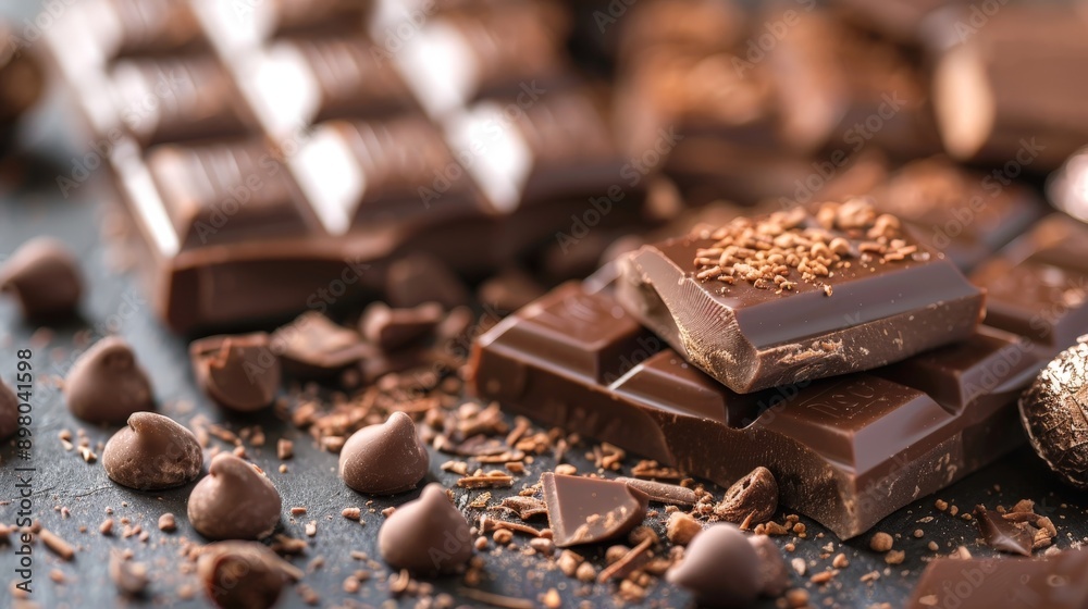 Dark chocolate bars and chips are scattered on a dark surface Dark chocolate bars and chips are scattered on a dark surface