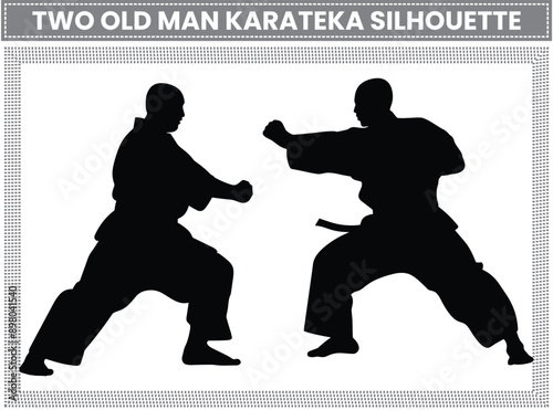 Two Old Man Karateka Silhouette Bundle, Martial Exercise Karateka, Karate Fighter silhouette in Different Poses Vector Illustration