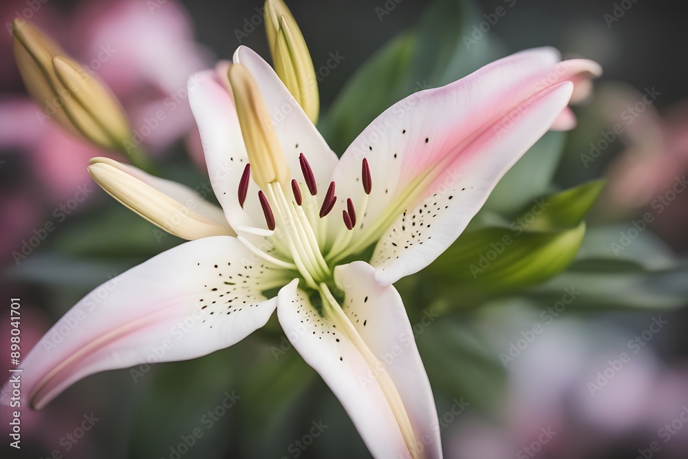 Fototapeta premium Oriental lily flower bokeh background, AI Generated