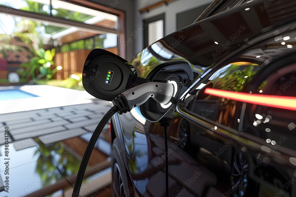 Fototapeta premium Electric Car Charging in Garage with Modern Home Background