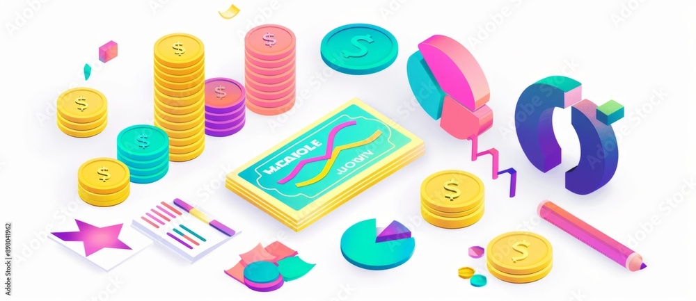 3D render of various financial symbols, isometric view, white background 3D render of various financial symbols, isometric view, white background