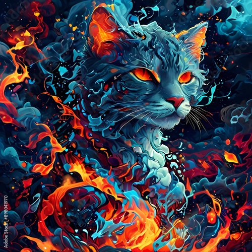 Fierce yet cute cat with smoky blue fur, bold Irezumi style, kame no ko motif, dynamic wind-bars, clouds, and flowers. photo