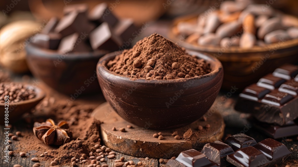 A dark brown bowl of cocoa powder, surrounded by chocolate bars and cocoa beans A dark brown bowl of cocoa powder, surrounded by chocolate bars and cocoa beans