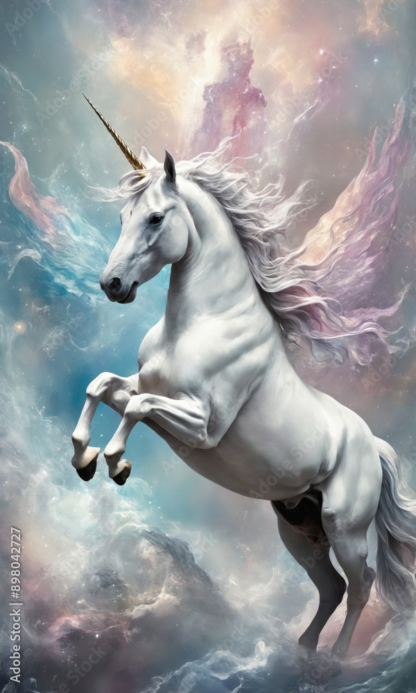 Fantasy Illustration of a wild unicorn Horse. Digital art style wallpaper background in pastel colors. Fantasy Illustration of a wild unicorn Horse. Digital art style wallpaper background in pastel colors.