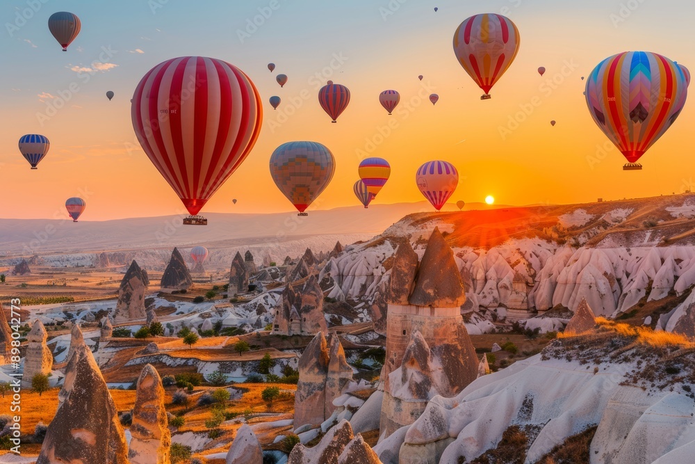 Obraz premium Colorful hot air balloons soar over mountains and meadows during a picturesque sunset