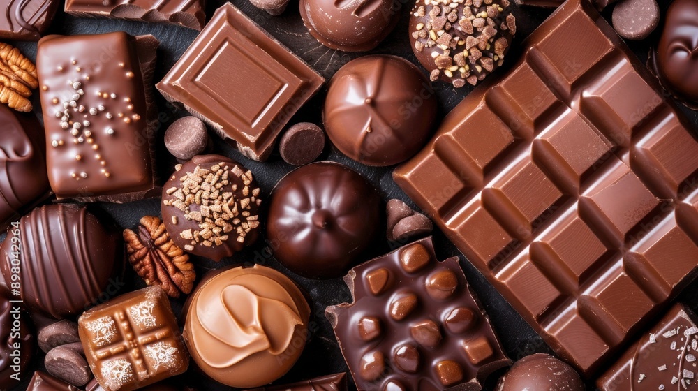 A variety of chocolate items, including bars, truffles, and candies, are displayed A variety of chocolate items, including bars, truffles, and candies, are displayed