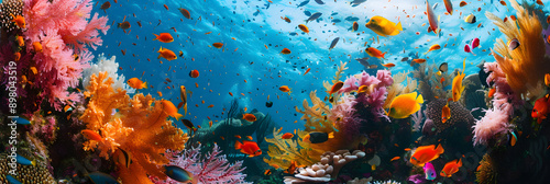 Colorful coral reef with various sea creatures photo