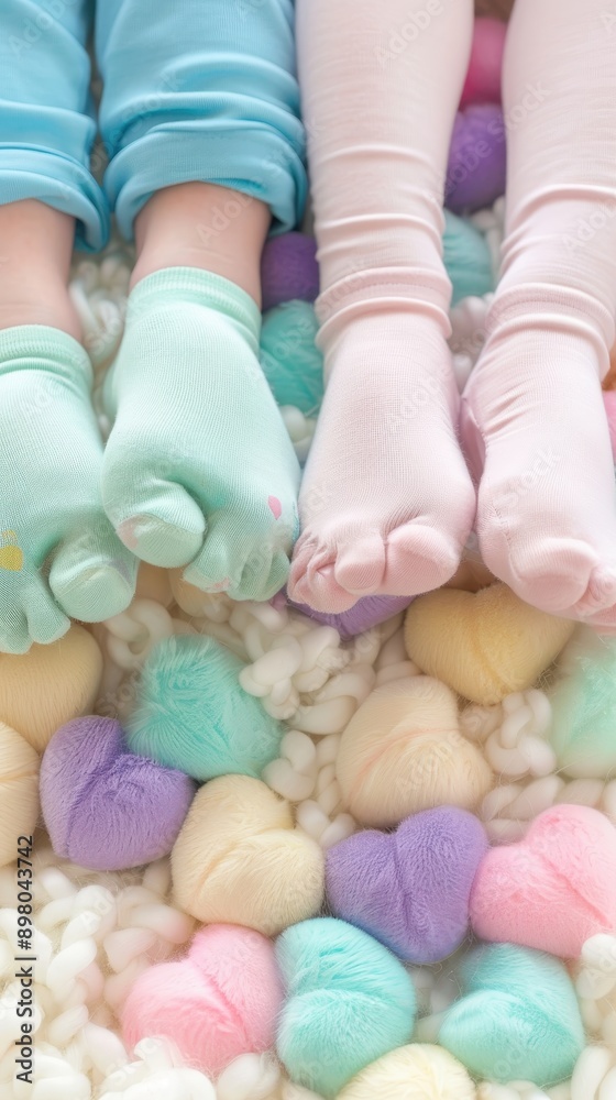 Two children are standing on a rug with their feet on a pile of candy hearts. The candy hearts are in various colors and sizes, creating a playful and fun atmosphere Two children are standing on a rug with their feet on a pile of candy hearts. The candy hearts are in various colors and sizes, creating a playful and fun atmosphere
