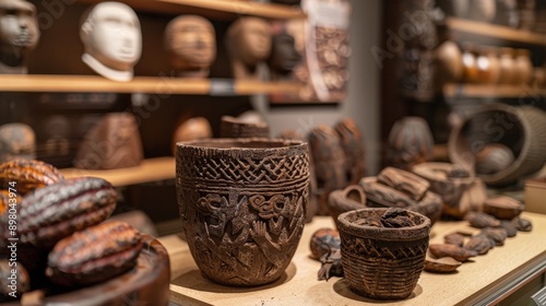 Several dark, carved bowls filled with cocoa beans are on a wooden table. Many more antique vessels are in the background.