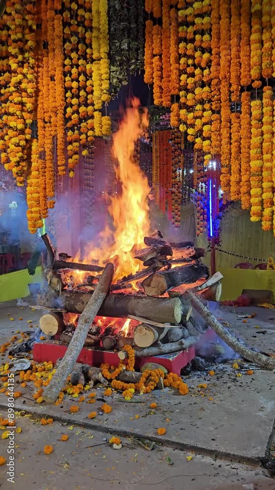 Vertical Footage of Burning Havan or Yagya fire, a Hindu ritual of ...