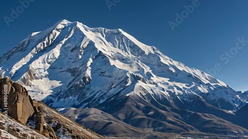 Sacred Mountain Sites Animation. Ancient Temples, Spiritual Landmarks & Snow-Capped Peaks Under a Clear Blue Sky. Discover the Spiritual Significance of Sacred Mountain Sites in This Dynamic Video. photo