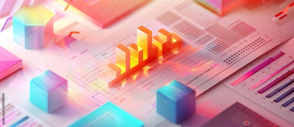 A colorful bar graph and isometric cubes on an architectural blueprint, A colorful bar graph and isometric cubes on an architectural blueprint,