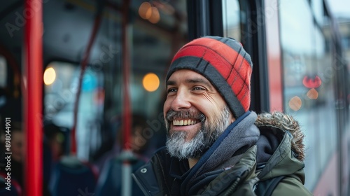 city bus driver greeting passengers with a smile