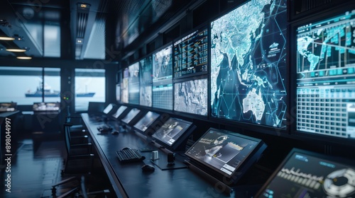 advanced maritime control center where officers use digital mapping and AI to navigate ships and monitor maritime traffic