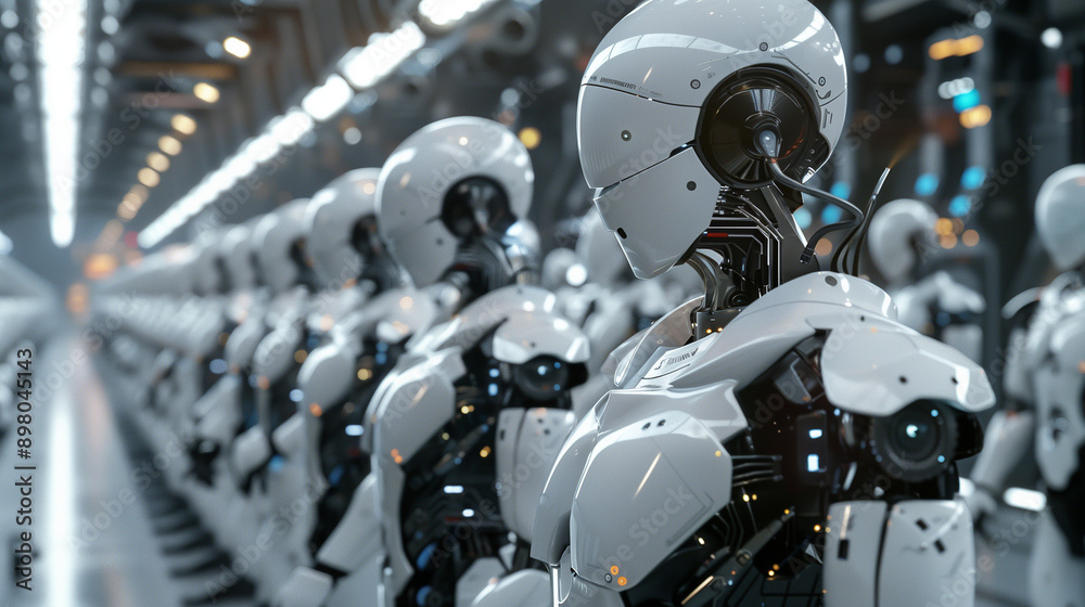 AI and Robotics: Advanced humanoid robots interacting with humans in a high-tech environment.
