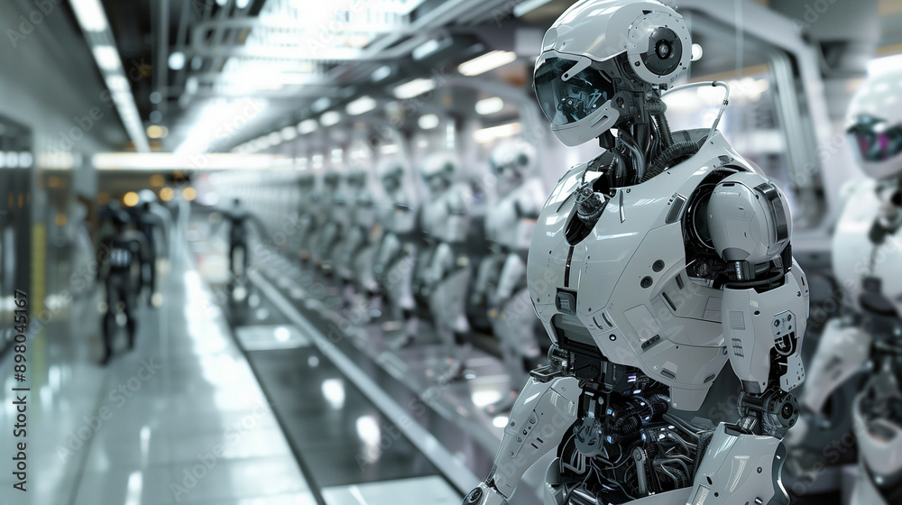 AI and Robotics: Advanced humanoid robots interacting with humans in a high-tech environment. AI and Robotics: Advanced humanoid robots interacting with humans in a high-tech environment.