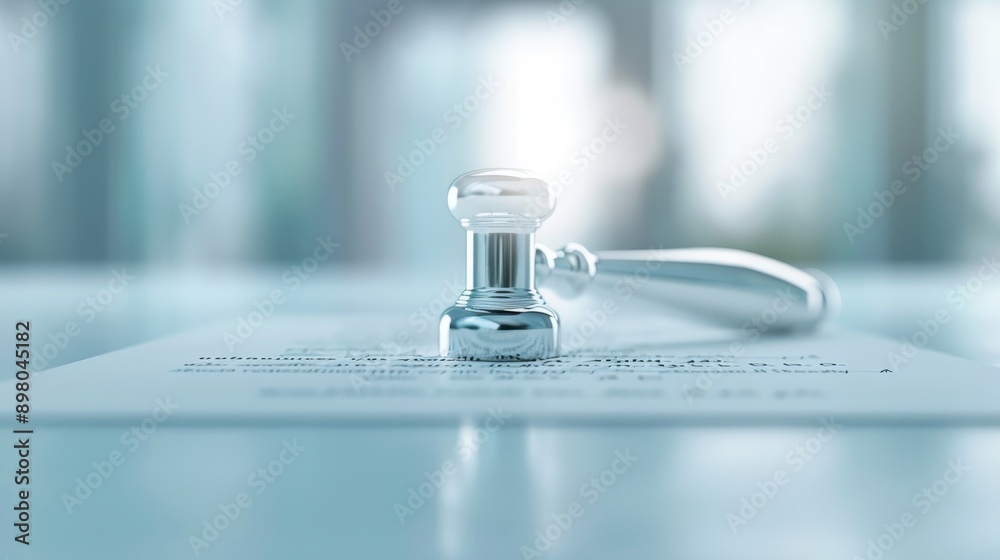 A silver stamp with a small metal rod on top of a piece of paper. The stamp is engraved with the word A silver stamp with a small metal rod on top of a piece of paper. The stamp is engraved with the word