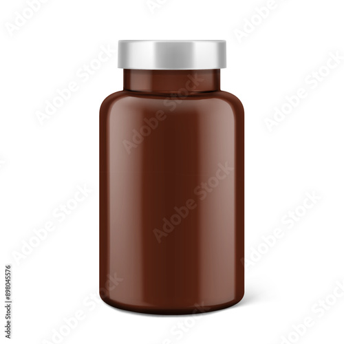 Brown eye catching pill bottle mockup for treats, vitamins, supplements isolated on white background. Vector illustration. ready for your design. EPS10.