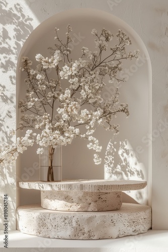 Empty white round podium and white flower in pot,natural branches and green leaves with shadows,Mockup for eco beauty cosmetic advertising. Copy space,sakura japanese style,front view. © pornsawan