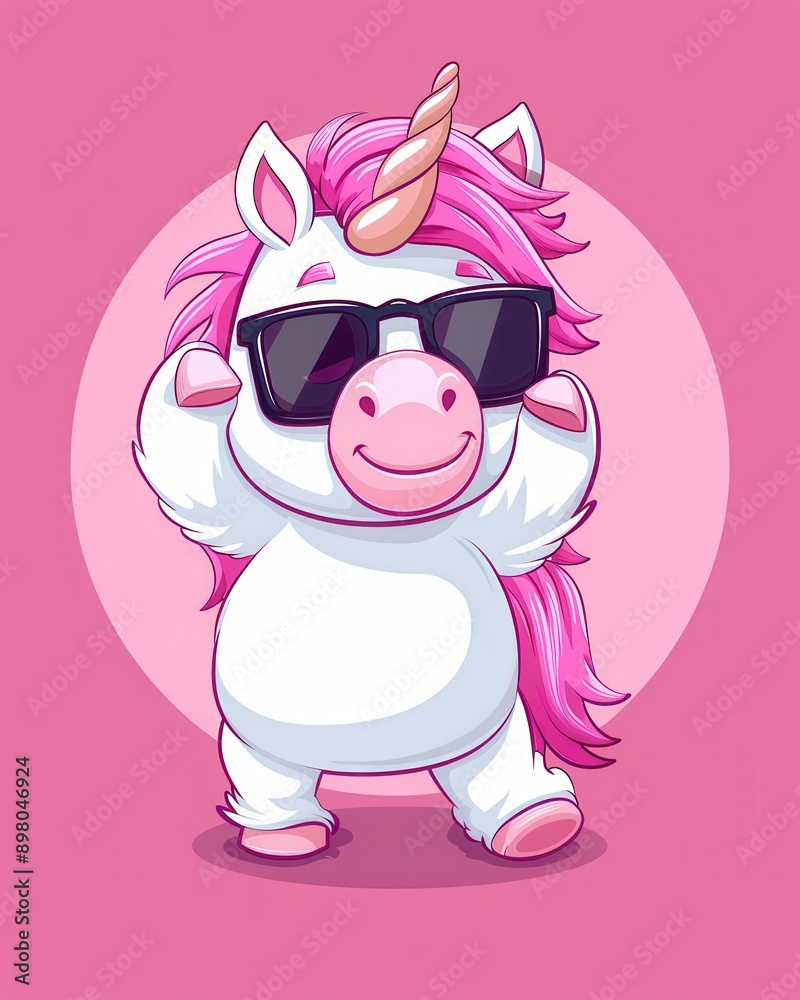 A cartoon unicorn wearing sunglasses and a pink shirt. The unicorn is smiling and he is having fun A cartoon unicorn wearing sunglasses and a pink shirt. The unicorn is smiling and he is having fun