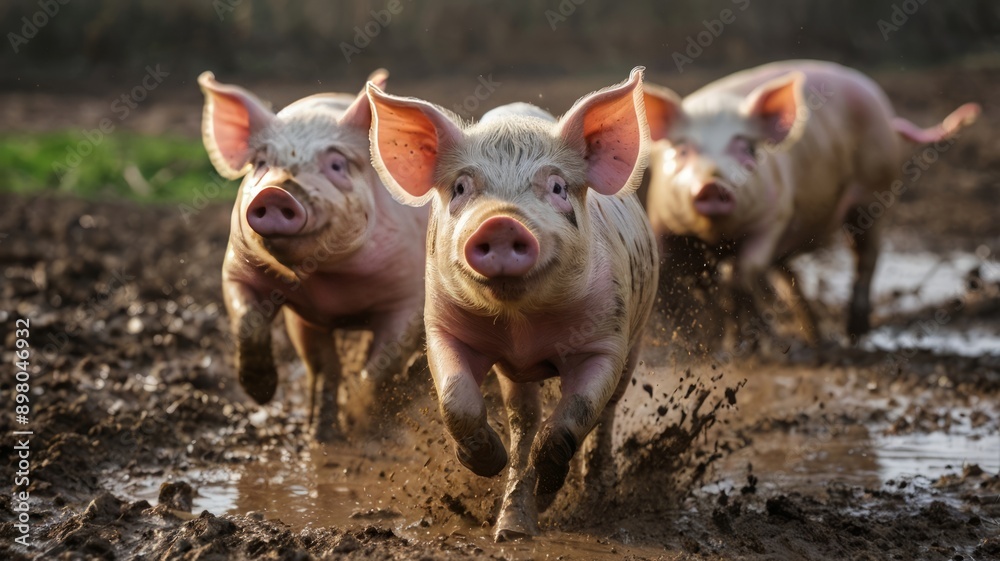 Pigs on an open farm are running through muddy water to get food. Pigs on an open farm are running through muddy water to get food.