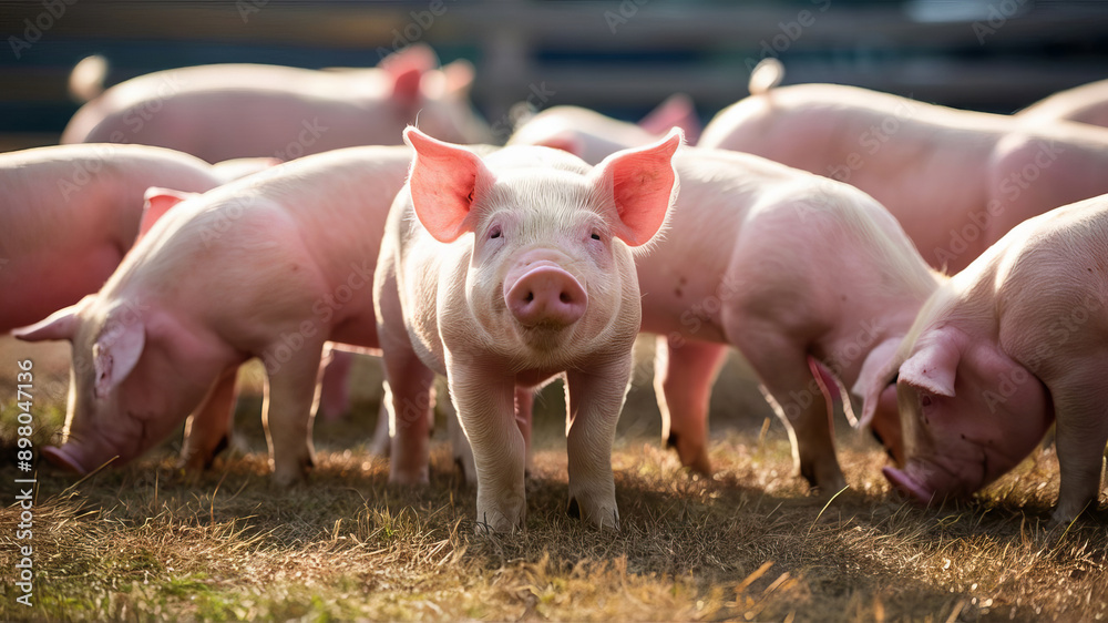 Piglets on a farm are exposed to the morning sunlight. Piglets on a farm are exposed to the morning sunlight.
