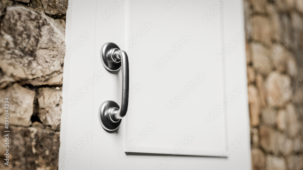 A close-up of the shiny chrome handle of an ajar door. A close-up of the shiny chrome handle of an ajar door.