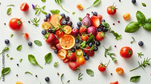 Heart shape made of Fresh variety vegetables on white background,World food day concept,top view,spices and herbs frame,Healthy food,banner,vegan or diet nutrition,creative flat layout,copy space.