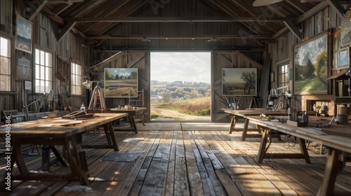 artistic workspace in a converted barn, surrounded by pastoral landscapes and equipped with large, rustic wooden tables