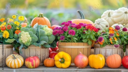 Baskets of freshly harvested autumn vegetables close up, farmfresh produce, realistic, Fusion, farmer s market photo