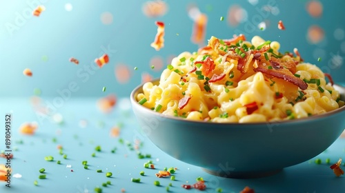 araffy macaroni and cheese with bacon and chives in a bowl photo